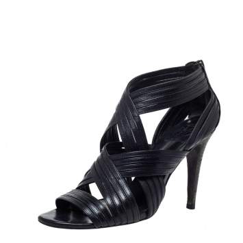 Pre Owned Tory Burch Black Leather Strappy Caged Sandals Size 37.5