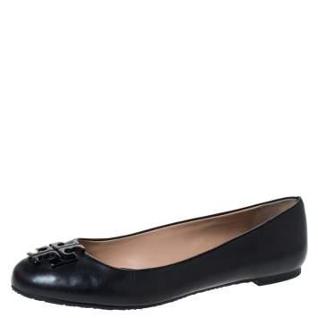 Pre Owned Tory Burch Black Leather Raphael Logo Ballet Flats Size 37.5