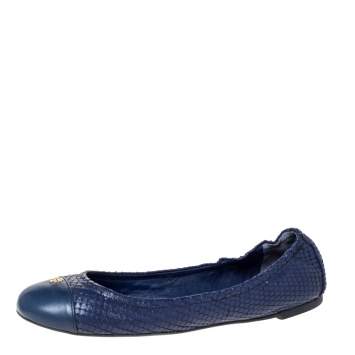Pre Owned Tory Burch Blue Snake Embossed Leather Cap Toe Scrunch Ballet Flats Size 39