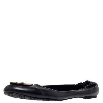 Pre Owned Tory Burch Black Leather Minnie Scrunch Ballet Flats Size 41