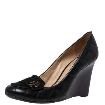 Pre Owned Tory Burch Black Suede And Quilted Leather Leila Wedge Loafer Pumps Size 38