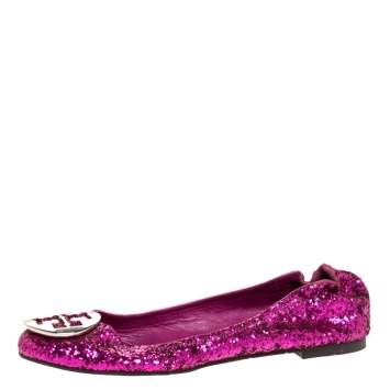 Pre Owned Tory Burch Metallic Pink Coarse Glitter Fabric Minnie Ballet Flats Size 38
