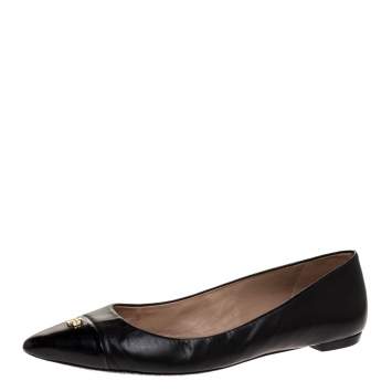 Pre Owned Tory Burch Black Leather Cap Toe Ballet Flats Size 38