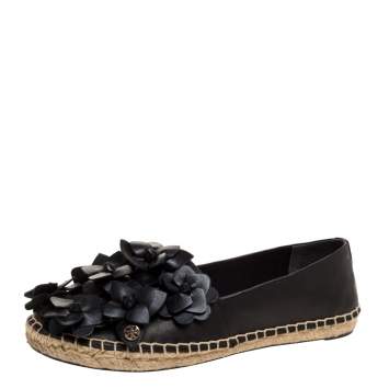 Pre Owned Tory Burch Black Leather Blossom Floral Applique Espadrilles Size 38