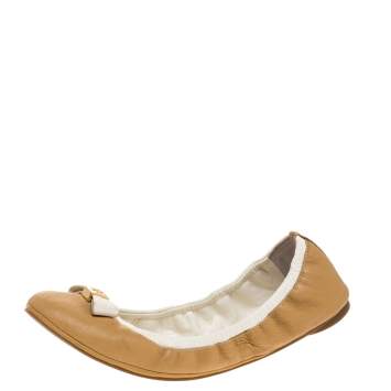 Pre Owned Tory Burch Beige/White Leather Bow Scrunch Ballet Flats Size 39
