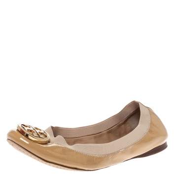 Pre Owned Tory Burch Beige Patent Leather Caroline Ballet Flats Size 39.5