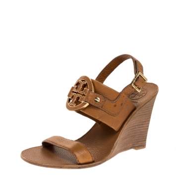Pre Owned Tory Burch Brown Textured Leather Amanda High Wedge Sandals Size 37