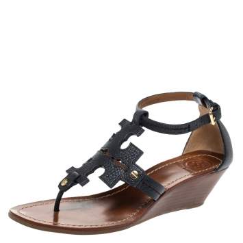 Pre Owned Tory Burch Navy Blue Leather Phoebe Thong Ankle Strap Wedge Sandals Size 39.5