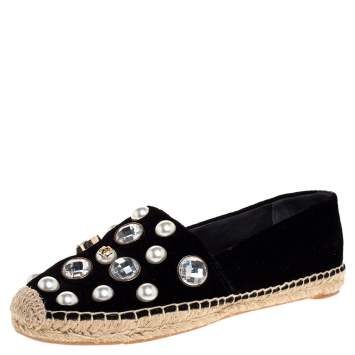 Pre Owned Tory Burch Black Velvet Crystal Embellished Vail Espadrille Flat Size 38
