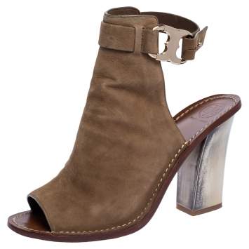 Pre Owned Tory Burch Beige Suede Open Toe Gemini Link Slingback Open Toe Sandals Size 38.5