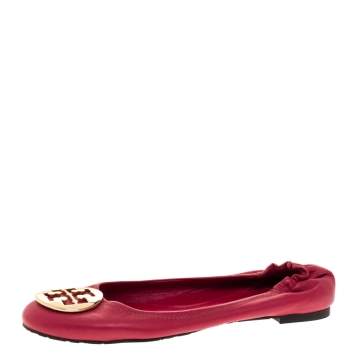 Pre Owned Tory Burch Pink Leather Scrunch Ballet Flats Size 40.5