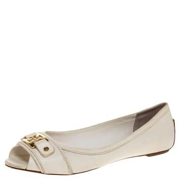 Pre Owned Tory Burch White Leather Cline Peep Toe Ballet Flats Size 37.5 