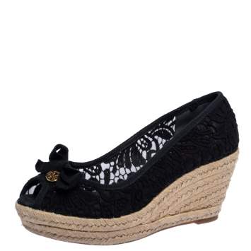 Pre Owned Tory Burch Black Floral Embroidered Fabric Jackie Peep Toe Espadrilles Wedge Size 39
