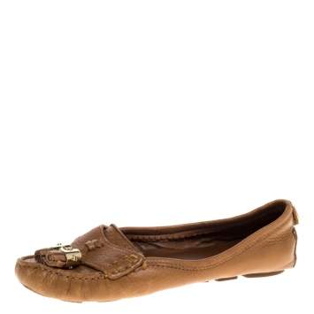 Pre Owned Tory Burch Tan Leather Lawrence Tassel And Logo Embellished Loafers Size 36.5