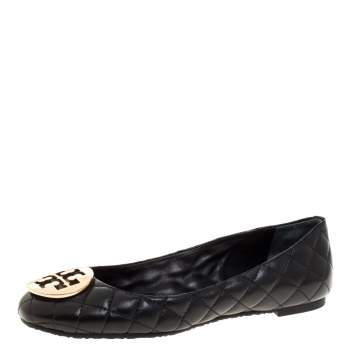 Pre Owned Tory Burch Black Quilted Leather Quinn Ballet Flats Size 37.5