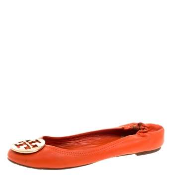 Pre Owned Tory Burch Orange Leather Minnie Scrunch Ballet Flats Size 39