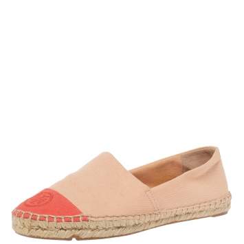 Pre Owned Tory Burch Coral Pink Canvas Logo Cap Top Espadrille Flats Size 36.5