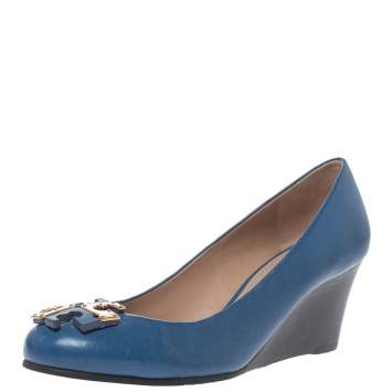 Pre Owned Tory Burch Blue Leather Logo Wedge Pumps Size 36.5