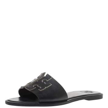 Pre Owned Tory Burch Black Leather Flat Slides Size 36.5