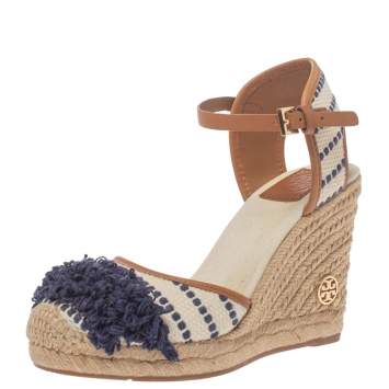Pre Owned Tory Burch White/Blue Canvas And Leather Espadrille Wedge Platform Ankle Strap Sandals Size 36.5