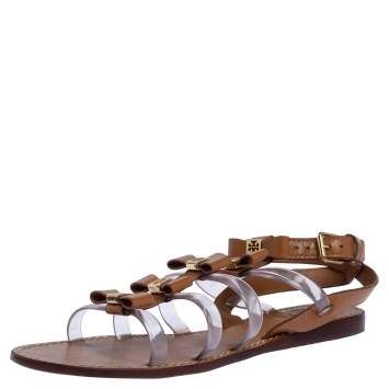 Pre Owned Tory Burch Brown Leather and PVC Kira Bow Detail Flat Sandals Size 36