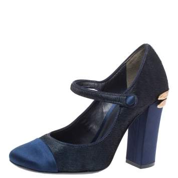 Pre Owned Tory Burch Navy Blue Calf Hair and Satin Dragon Fly Heel Mary Jane Pumps Size 37