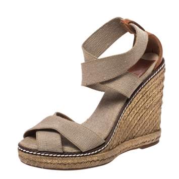 Pre Owned Tory Burch Ivory/Brown Elastic Band Adonis Wedge Espadrille Sandals Size 35