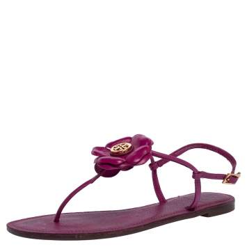 Pre Owned Tory Burch Pink Leather Flower T Strap Thong Flat Sandals Size 38.5