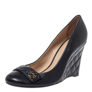 Pre Owned Tory Burch Black Leather Logo Wedge Pumps Size 41