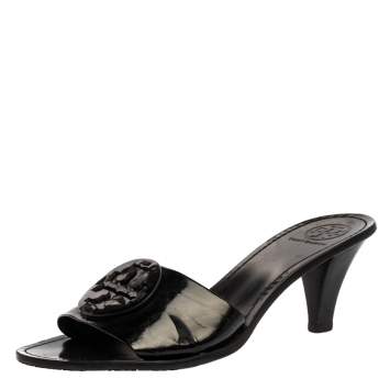 Pre Owned Tory Burch Black Patent Leather Logo Open Toe Sandals Size 38.5