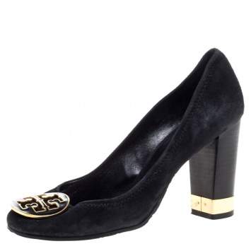 Pre Owned Tory Burch Black Suede Logo Embellished 'Maddie' Pumps Size 37