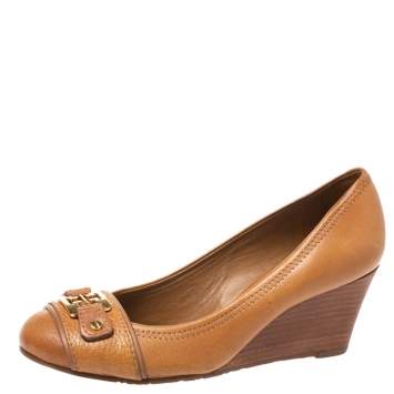 Pre Owned Tory Burch Brown Leather 'Ambrose' Wedge Pumps Size 36