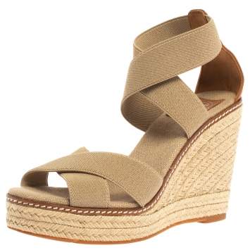Pre Owned Tory Burch Beige Canvas and Leather Trim Criss Cross Wedge Sandals Size 37.5