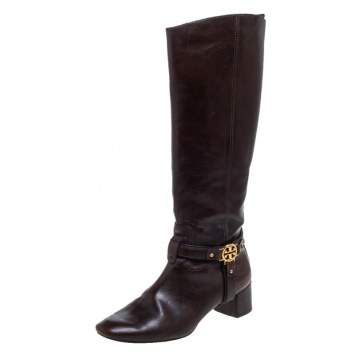 Pre Owned Tory Burch Dark Brown Leather Riding Knee High Boots Size 39