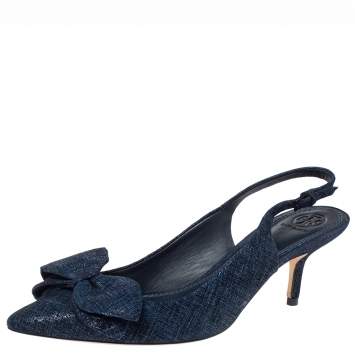 Pre Owned Tory Burch Blue Textured Suede Rosalind Bow Slingback Sandals Size 39.5