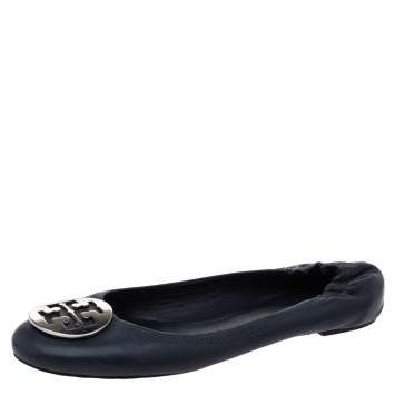 Pre Owned Tory Burch Navy Blue Leather Minnie Scrunch Ballet Flats Size 40.5