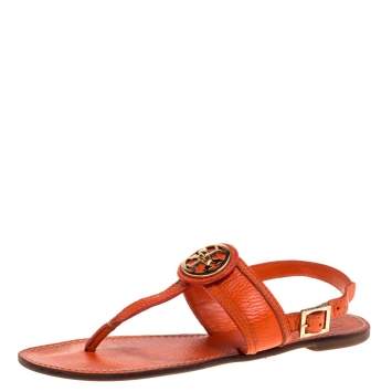 Pre Owned Tory Burch Orange Leather Bryce Slingback Thong Flat Sandals Size 39.5