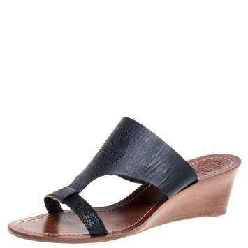Pre Owned Tory Burch Navy Blue Perforated Logo Leatther Wedge Sandals Size 37