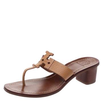Pre Owned Tory Burch Brown Textured Leather Moore Thong Slide Sandals Size 37