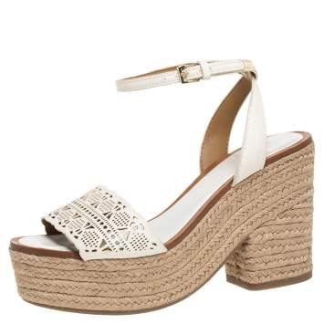 Pre Owned Tory Burch White Laser Cut Out Leather Espadrille Platform Ankle Strap Sandals Size 36