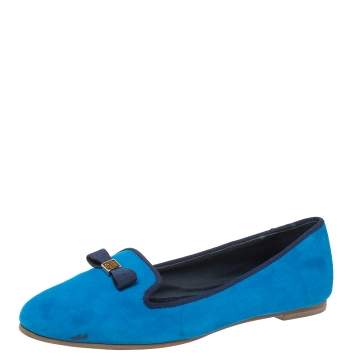 Pre Owned Tory Burch Blue Suede Leather Bow Slip On Loafers Size 38