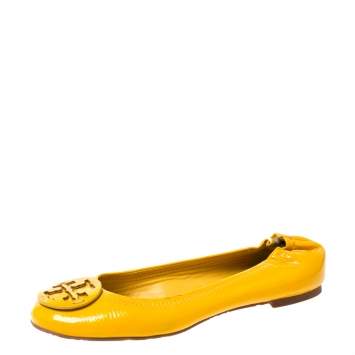 Pre Owned Tory Burch Yellow Patent Leather Reva Scrunch Ballet Flats Size 38