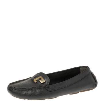 Pre Owned Tory Burch Black Leather Slip on Loafers Size 38