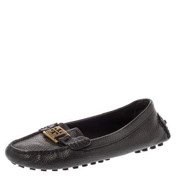 Pre Owned Tory Burch Black Leather Slip On Loafers Size 39