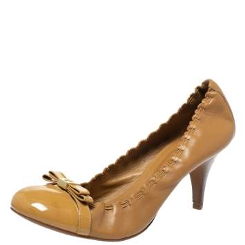 Pre Owned Tory Burch Tan Leather Romy Cap Toe Pumps Size 39
