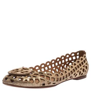 Pre Owned Tory Burch Gold Leather Cutout Ballet Flats Size 37.5