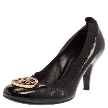Pre Owned Tory Burch Black Patent Leather Caroline Reva Scrunch Pumps Size 35.5