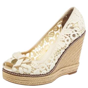 Pre Owned Tory Burch White Lace And Mesh Jackie Peep Toe Espadrilles Wedge Pumps Size 38.5