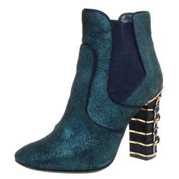 Pre Owned Tory Burch Blue Glitter Suede Embellished Heels Ankle Boots Size 38