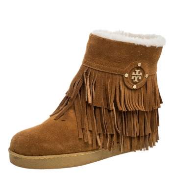 Pre Owned Tory Burch Brown Suede Collins Fringe Detail Boots Size 37